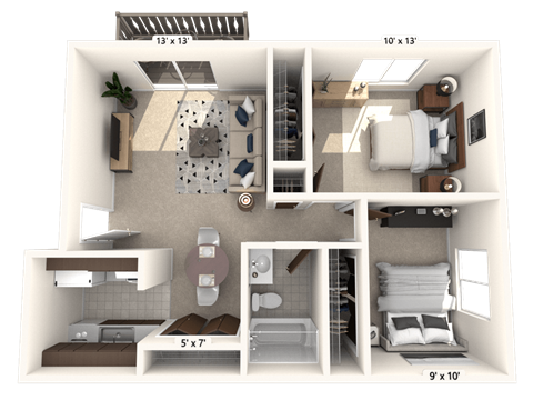 The Pinto Floor Plan with 2 Bedrooms and 2 Bathrooms at Polo Run Apartments. This Floor Plan Features a Galley Style Kitchen and Dark Interior Doors.